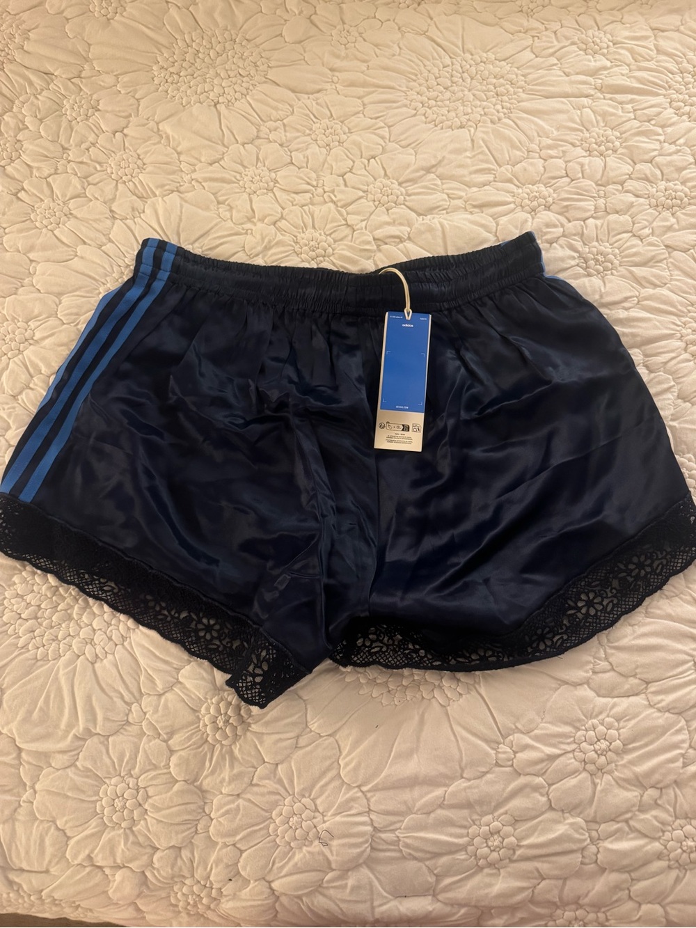 Adidas Original x ASOS Regular Fit Lace Hem Shorts In Navy Satin - Picture 6 of 7